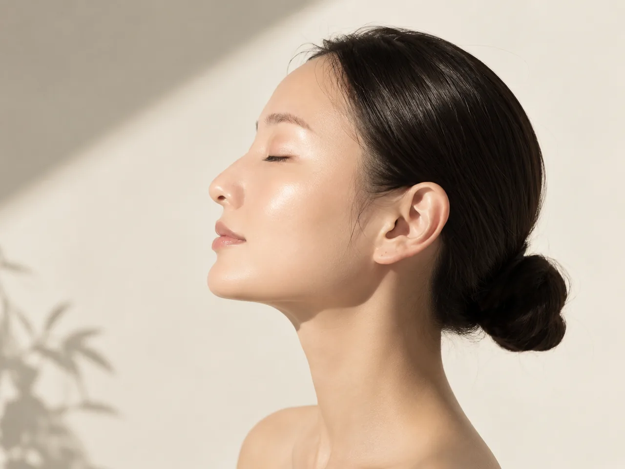 Close profile of clear, even-toned skin — the Korean glass-skin standard